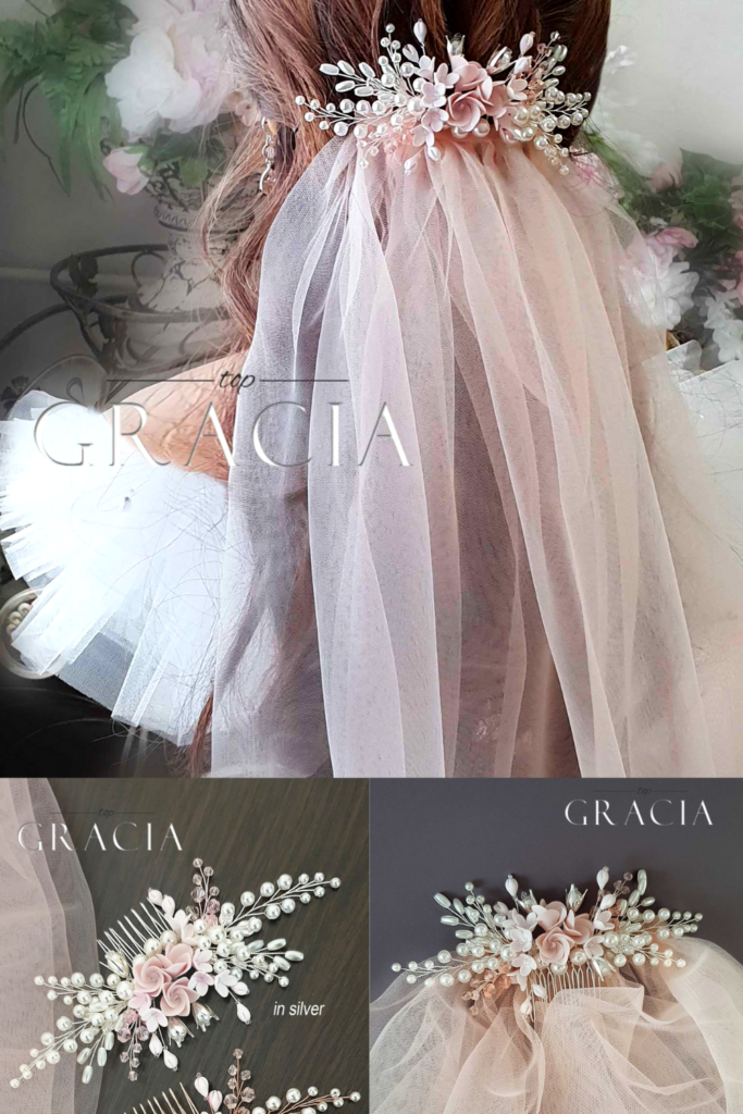 Blush rustic elegant wedding comb with flowers and pearls. Also, a blush veil on a bride with brown hair and white dress. Gracia logo overlay. 