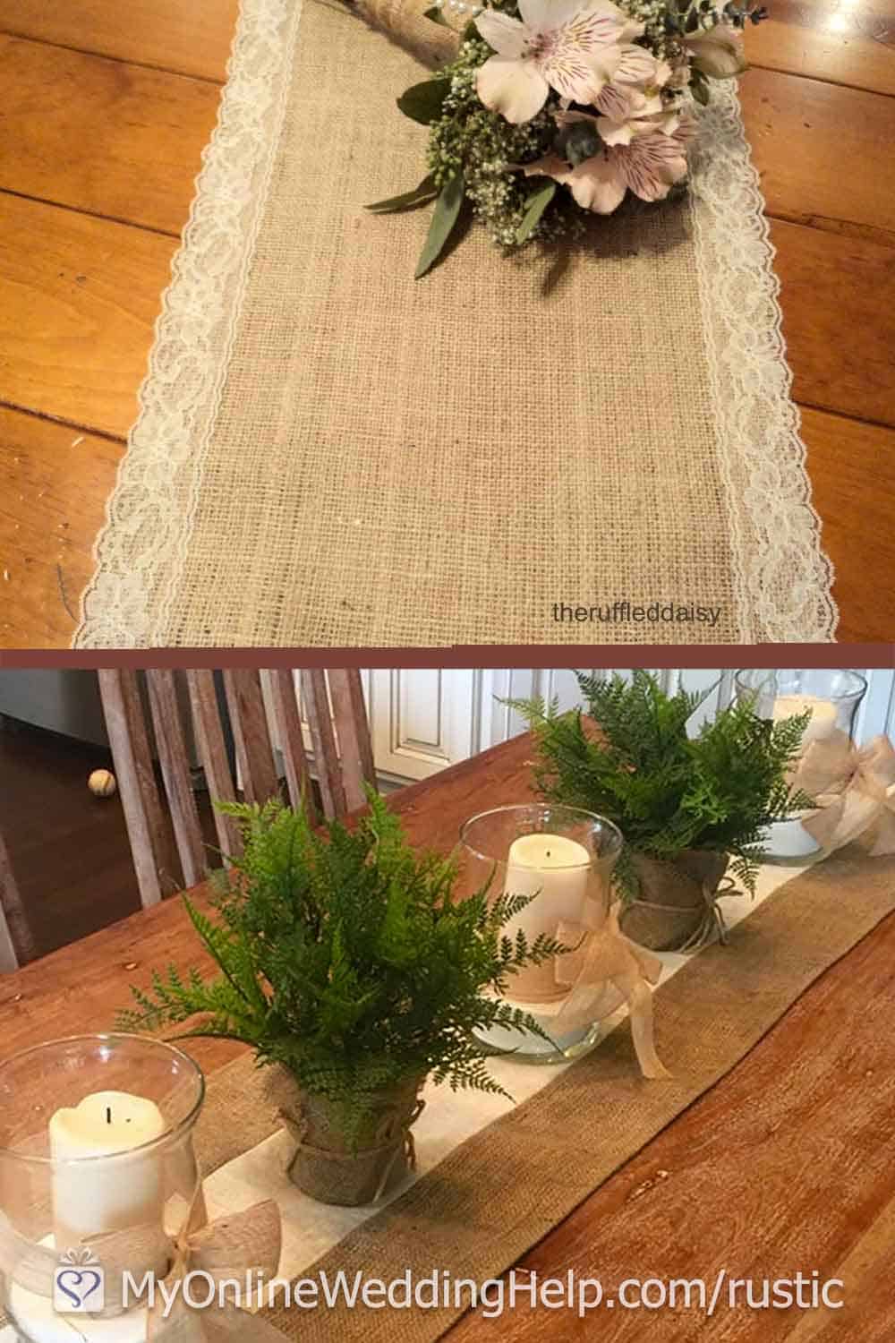 Unique rustic table runners for wedding or event decor. I love how Amber adds ruffles or lace to hers. Scroll to number 15 of the 25 rustic elegant wedding ideas for more info or to purchase. On the My Online Wedding Help blog.