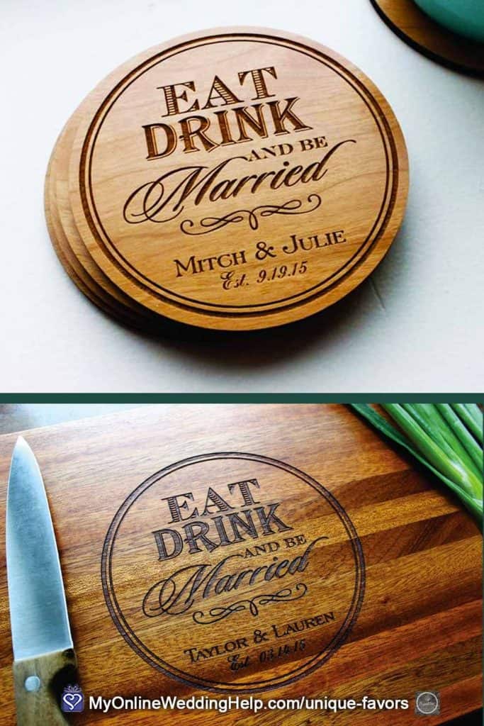 Custom Wooden Wedding Coasters and Matching Cutting Board