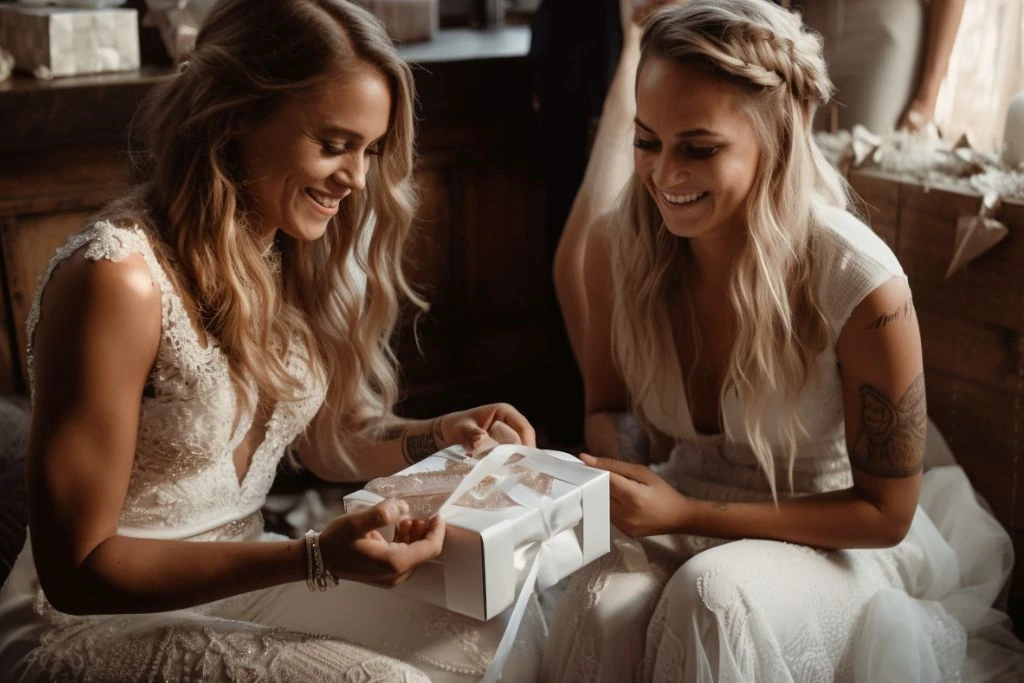 Two brides dressed in white wedding gowns, sitting on a couch opening an exchanged gift. 