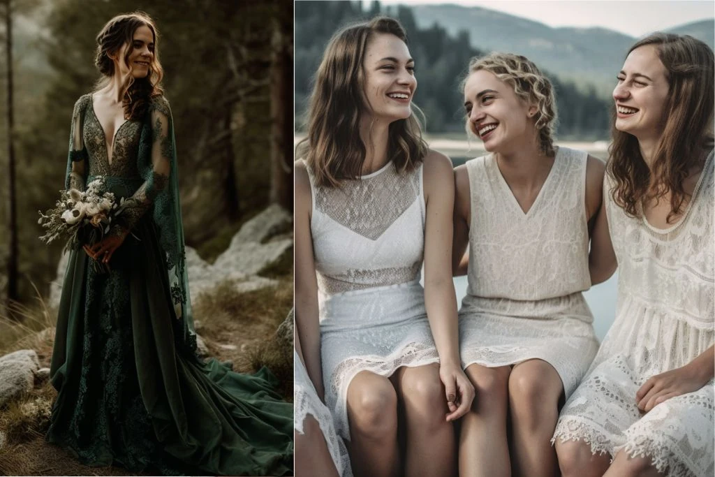 Non- Traditional Wedding Ideas - the bride wear color gown and the bridesmaids wear white. Here, on the left a bride stands in her forest green wedding gown, posing in front of evergreen trees in a forest. On the right, three bridesmaids sit, wearing knee-length white cocktail dresses. Mountains and a lake are in the background.