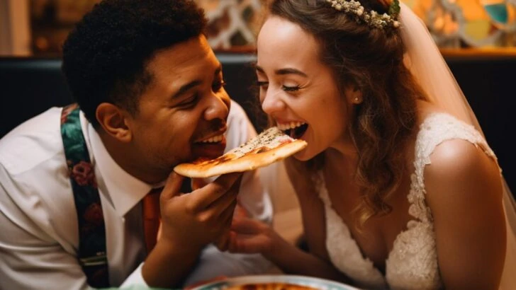 Non traditional bride and groom feeding each other pizza. A black man in white shirt with vest is joyfully holding a slice of pizza as his bride is biting the triangle's end. She is a mix of Caucasian, Asian, and Latino heritage, wearing a rhinestone headband and white wedding gown.
