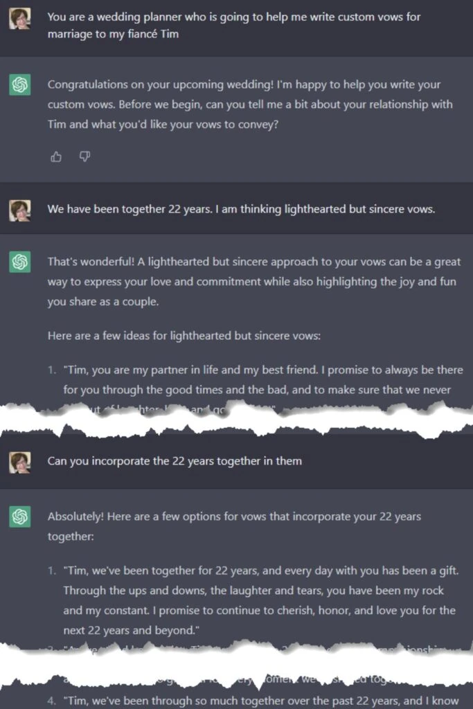 Custom wedding vows as drafted by ChatGPT