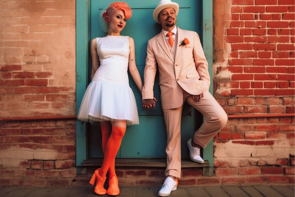 Non-traditional wedding ideas include untraditional bridal wear. Here, an orange-haired bride wears an above-the-knee white dress with orange stockings to her thighs. Clunky orange botties and an orange-accented fascinator complete the look. She is holding hands with her groom, and they are leaning against a teal green door set in red brick building.