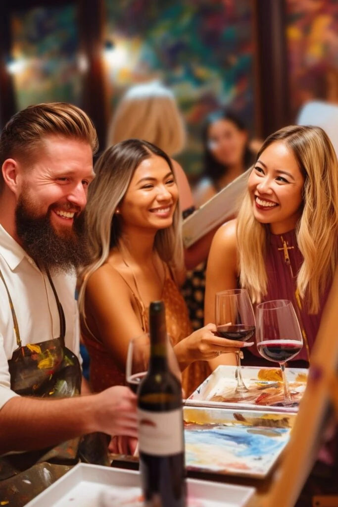 Alternative Wedding Planning Idea - mixed ethnic wedding guests drinking red wine and painting at a paint and sip reception party.
